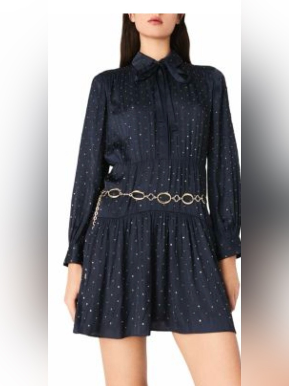 Long-Sleeve Navy Tie-Neck Midi Dress no belt